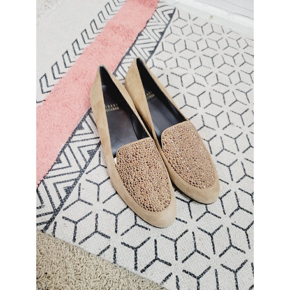 Stuart Weitzman Suede Slip On Crystal Embellishments Loafers in Tan, sz 7.5